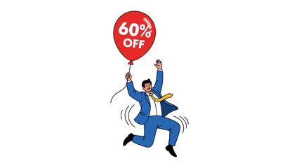 Sale Celebration: An enthusiastic person leaps with joy, clutching a balloon proclaiming a significant discount, symbolizing excitement and savings.