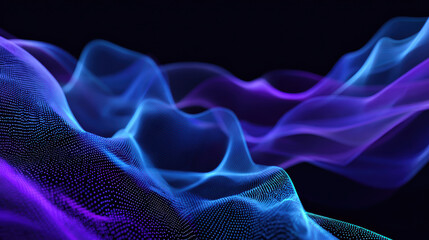Futuristic abstract waves in glowing neon blue and purple colors create mesmerizing digital landscape, evoking sense of depth and movement