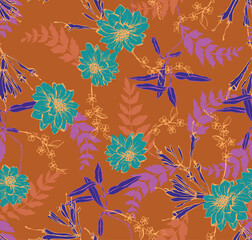 a floral pattern with blue and purple flowers on an orange background