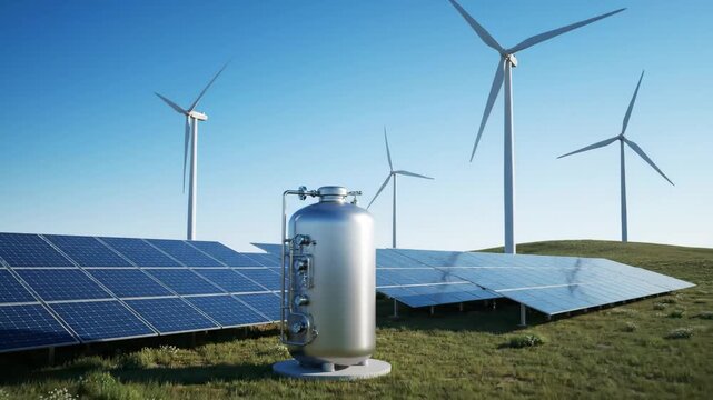 Renewable Energy System with Storage - This video shows a combined renewable energy system with solar panels, wind turbines and a storage tank.