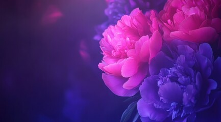 Obraz premium Dreamy floral composition with pink and purple peonies on dark background