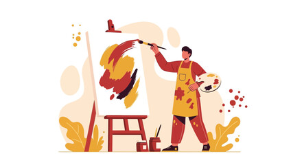 Artist Painting Abstract Artwork On Canvas With Brush And Palette In Modern Style