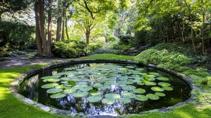 Lush garden pond surrounded by greenery.