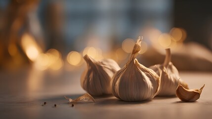 Elegant Minimalist Culinary Photography Showcasing Garlic Cloves on a Softly Lit Table with Isolated Warm Hues and Detailed Textural Emphasis