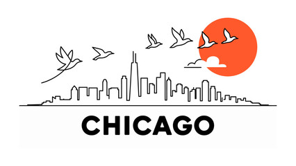Chicago Skyline: A stylized illustration of Chicago's skyline, featuring minimalist buildings, soaring birds, and a vibrant sunset, encapsulates the city's dynamic spirit.