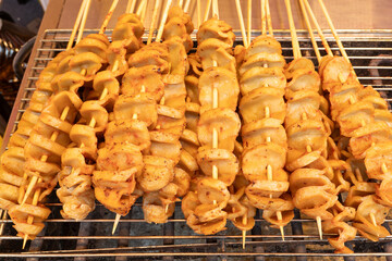 top view juicy grilled sausage skewers at horizontal composition