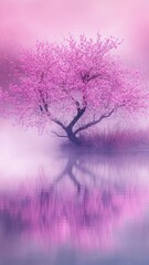 Pink blossoms reflect in a tranquil lake.