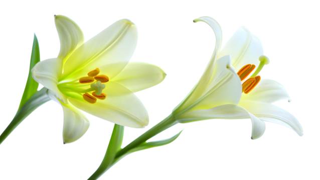 Two elegant white lilies on a transparent background, showcasing their delicate petals, prominent stamens, and vibrant green stems, ideal for design projects requiring a transparent image of flowers. - Powered by Adobe