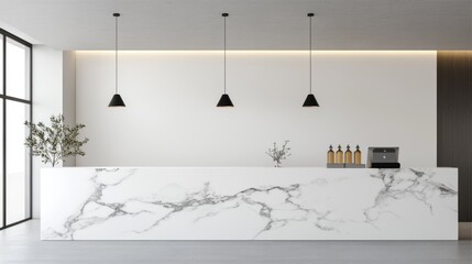 Contemporary marble reception desk in a minimalist interior.