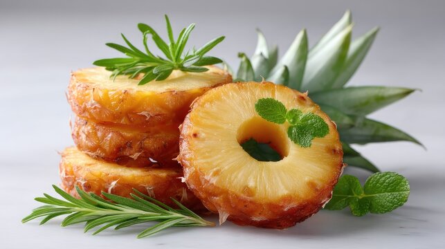 Golden brown pineapple rings stacked artfully with fresh rosemary and mint garnish on a light gray marble surface with natural light creating a refreshing and delicious food presentation - Powered by Adobe