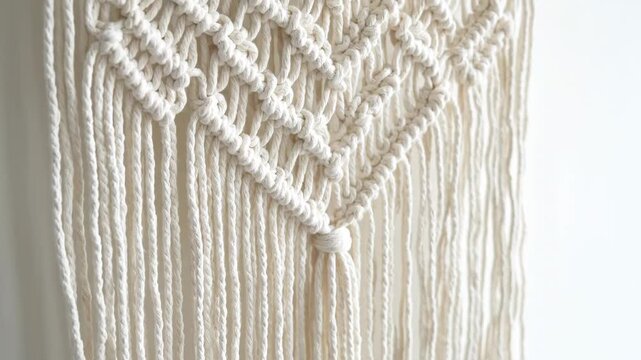 Close-up of a Macrame Wall Hanging - A detailed close-up showcases the intricate knotting and texture of a macrame wall hanging. The piece features a geometric pattern with long, flowing fringe.