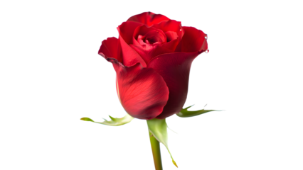 Vibrant Red Rose Bud and Stem on Transparent Background Perfect for Layering Botanical Designs and Floral Compositions with Clear Transparent Image Backdrop