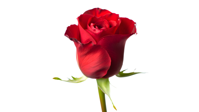 Vibrant Red Rose Bud and Stem on Transparent Background Perfect for Layering Botanical Designs and Floral Compositions with Clear Transparent Image Backdrop