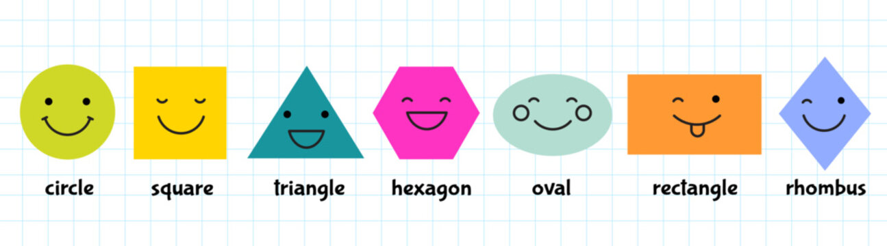 Colorful vector illustration of different geometric shapes with expressive cartoon faces and names. Educational poster for kids, learning geometry for preschool and kindergarten children.
