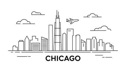 Obraz premium Chicago Skyline: A clean, graphic representation of the iconic Chicago skyline, rendered in minimalist lines, showcasing the city's impressive architecture against the sky, with an airplane overhead.