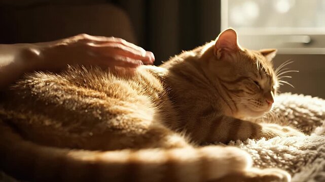 Gentle hand caresses a contented orange tabby cat basking in warm sunlight, creating a peaceful moment of connection and comfort.