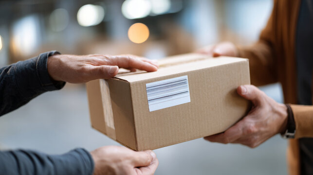 A cardboard box with a barcode label being handed over to another person