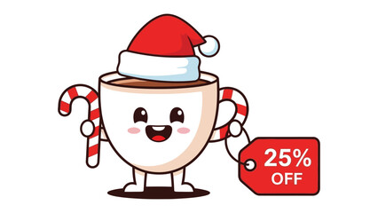 Festive Coffee Deal: An adorable coffee cup mascot, adorned with a Santa hat and a candy cane, gleefully promotes a 25% OFF discount, embodying the warmth and cheer of holiday deals.