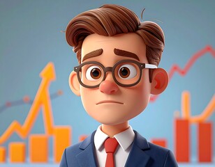 A concerned cartoon businessman wearing glasses and a suit, with financial charts in background