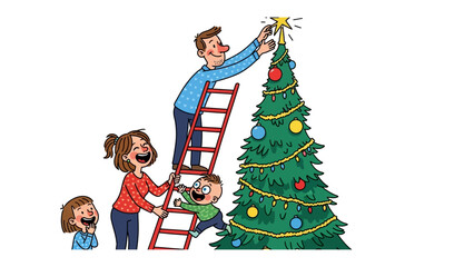 Family Tree Tradition: A close-knit family, united by love and holiday cheer, adorns a Christmas tree with ornaments, the pinnacle of festive joy.