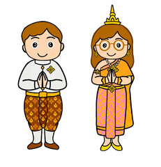 Cute Thai couple in traditional dress, man in Raj pattern outfit and woman in Thai sabai. Perfect for cultural art, greeting, and education.
