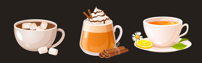 Illustration of three different warm beverages including hot chocolate, pumpkin spice latte, and lemon tea against a dark brown background. Cozy autumn and winter drink concept, café menu, etc.