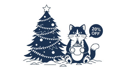 Festive feline: A charming cartoon cat, nestled beside a decorated Christmas tree, holds a warm beverage with a 20% OFF speech bubble, exuding seasonal cheer.
