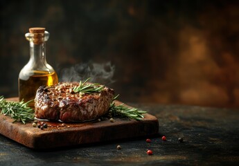 Delicious grilled steak served on a wooden board with olive oil infusion