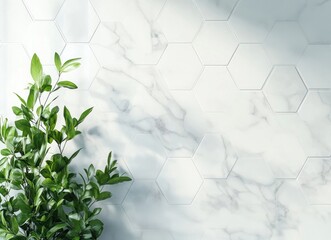Elegant Marble Hexagon Tile Background with Fresh Green Plant Accent