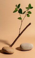 Minimalist arrangement featuring branch, leaves, and stones against warm backdrop