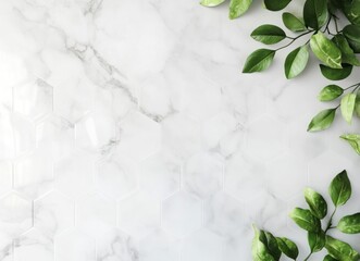 Elegant White Marble Hexagon Tiles with Green Foliage Border Background
