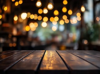 Wooden Tabletop with Bokeh Lights in a Restaurant or Cafe Interior