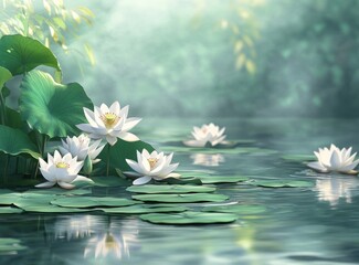 Serene Lotus Blossoms Floating on a Tranquil Pond in Soft Sunlight