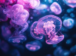Ethereal beauty: A mesmerizing dance of bioluminescent jellyfish in the deep sea