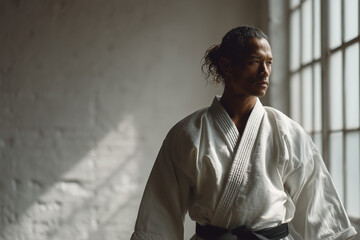 Contemplative martial artist in traditional gi and black belt standing by a sunlit window — a portrait of discipline, strength, focus, and calm determination