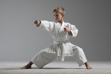 Focused Young Boy Practicing Karate in White Gi and Belt Performing Strong Front Stance and Punch — Martial Arts Training for Kids