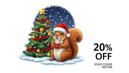 Holiday Squirrel Festive Cheer: A cute squirrel dressed in a Santa hat, holding a warm drink. A decorated Christmas tree adds a festive touch. It's a whimsical holiday promotion. 