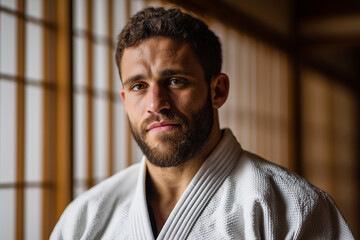 Focused martial artist portrait in a traditional Japanese dojo wearing white gi, bearded athlete practicing judo or jiujitsu with calm determined expression