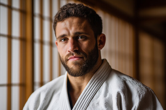 Focused martial artist portrait in a traditional Japanese dojo wearing white gi, bearded athlete practicing judo or jiujitsu with calm determined expression - Powered by Adobe