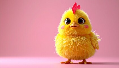 Cute yellow chicken with a funny expression, isolated on a soft pink background, detailed feathers and lively character with beautiful background.