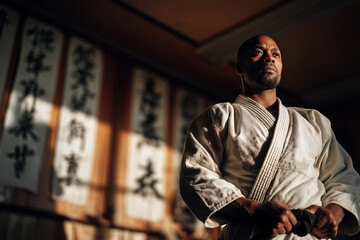 Focused martial arts practitioner wearing a traditional gi and black belt standing confidently in a sunlit dojo with calligraphy banners
