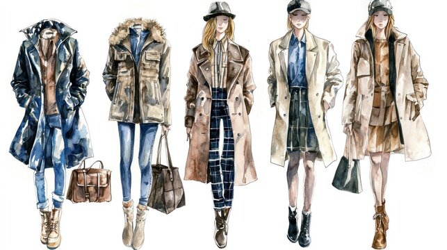 Five fashion illustrations depict women wearing various winter coats and accessories. The women are posed in a row, showcasing different styles of jackets, hats, and bags.  - Powered by Adobe