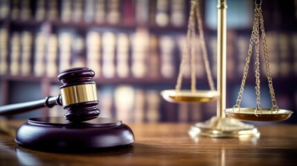 Symbol of Justice: Gavel and Scales of Justice in a Legal Setting