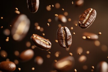 Elegant Still Life of Roasted Coffee Beans in Mid-Air with Subtle Lighting
