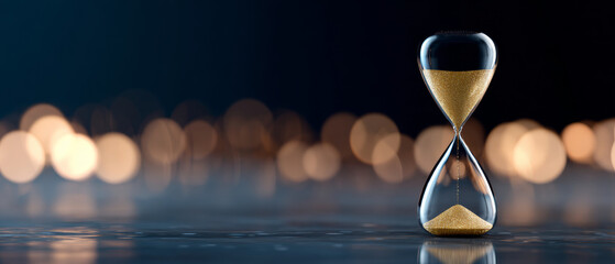 A sand timer with golden grains on a reflective surface, against an out-of-focus background of bokeh lights
