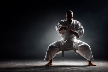 Dynamic karate practitioner in a deep horse stance performing a focused kata under dramatic low-key lighting — power, discipline and precision captured