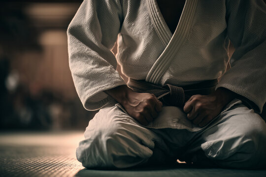Focused martial artist kneeling in textured gi with brown belt, fists clenched in seiza &mdash; discipline, strength and respect in the dojo
