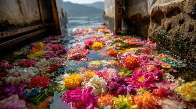 Colorful flower petals floating on water surface during the day