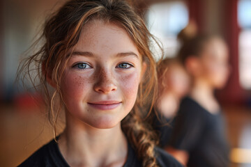 Close-up portrait of a smiling freckled girl with braided auburn hair and blue eyes in a softly lit studio, conveying youthful confidence and natural beauty