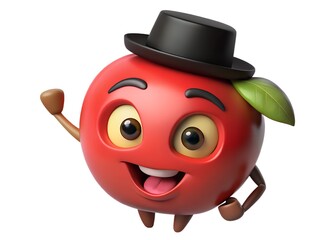Fototapeta premium Happy cartoon apple character wearing a black top hat waving hello with a friendly smile